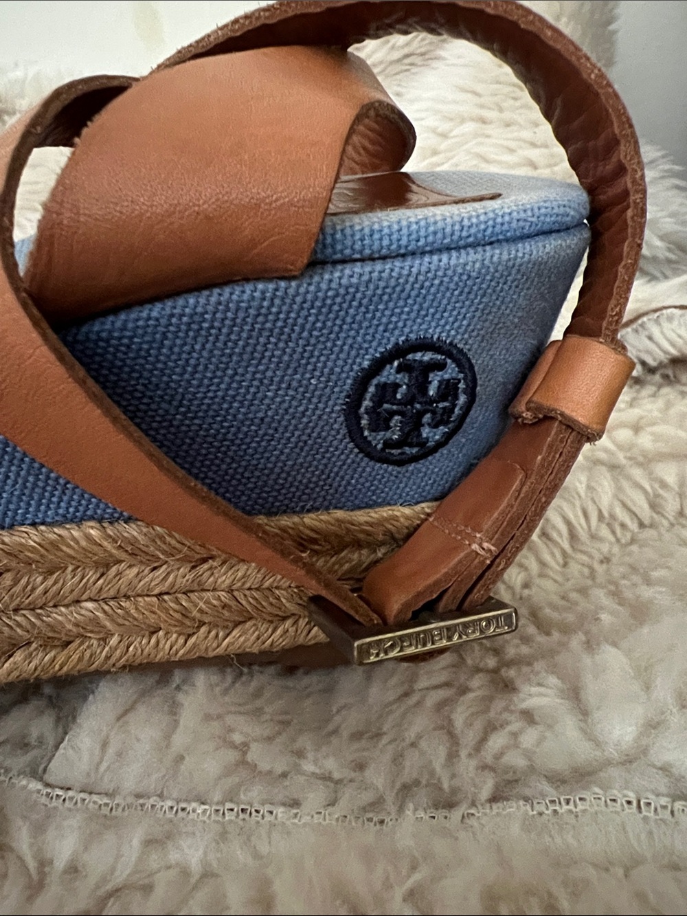 Tory Burch Blue Fabric Espadrille Wedge Sandals with Tan Straps - Picture 8 of 9